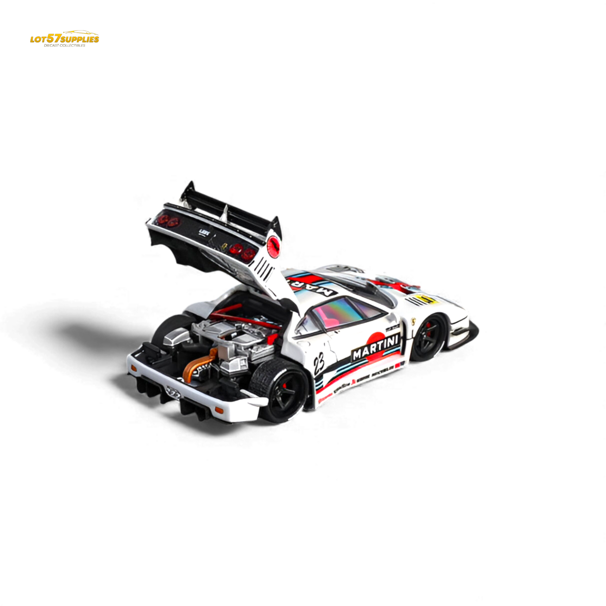 Detailed image of a 1:64 scale Ferrari F40 LB-Works Martini diecast model by Star Models, featuring distinctive racing liveries.