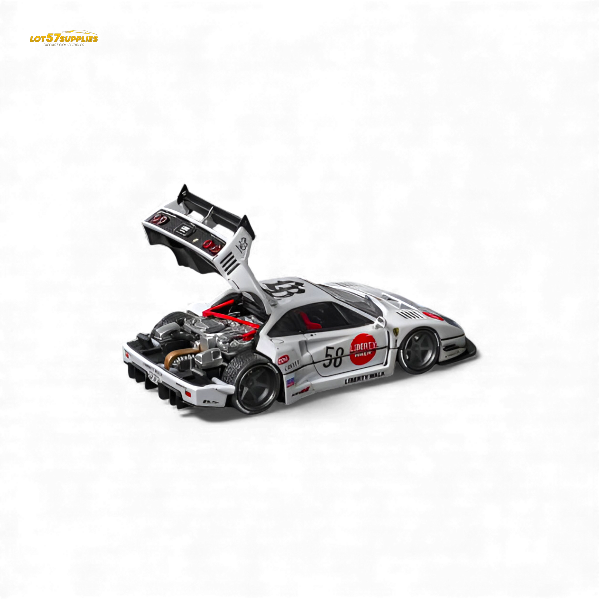 White Ferrari F40 LB-Works diecast model by Star Models in 1:64 scale, detailed miniature car on display.