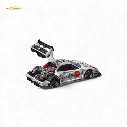 White Ferrari F40 LB-Works diecast model by Star Models in 1:64 scale, detailed miniature car on display.