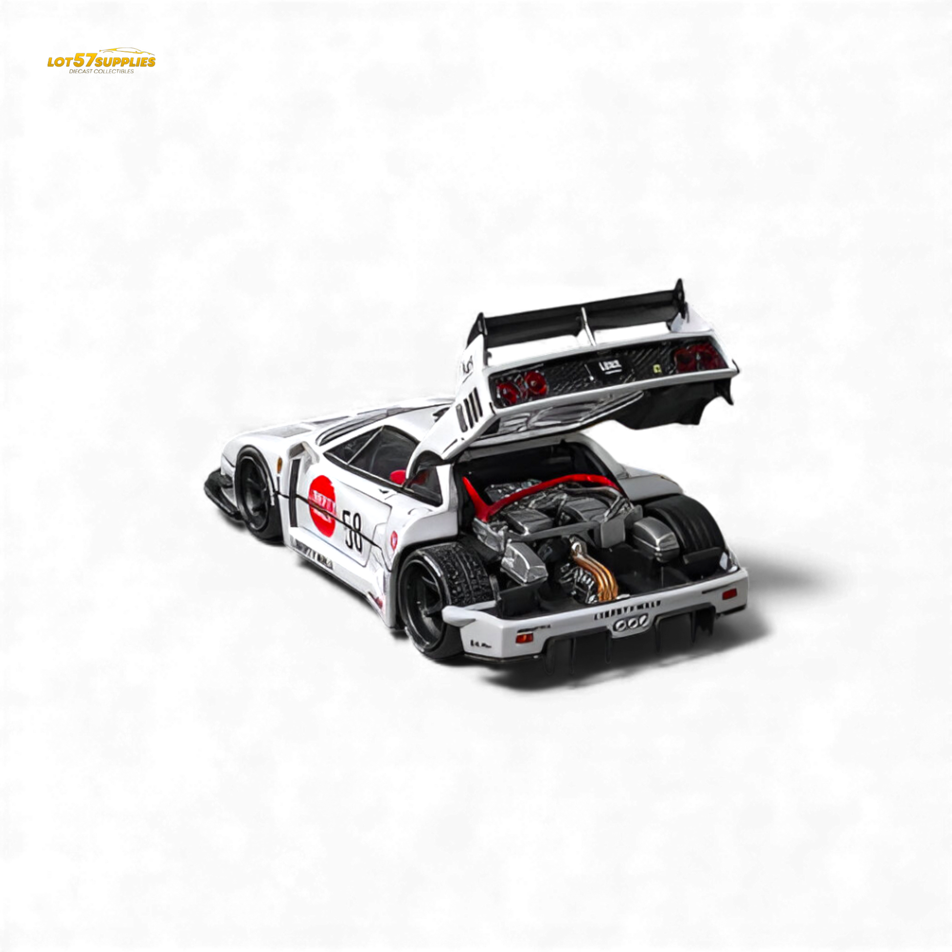 White 1:64 scale Ferrari F40 LB-Works diecast model by Star Models, detailed miniature car with sleek design.
