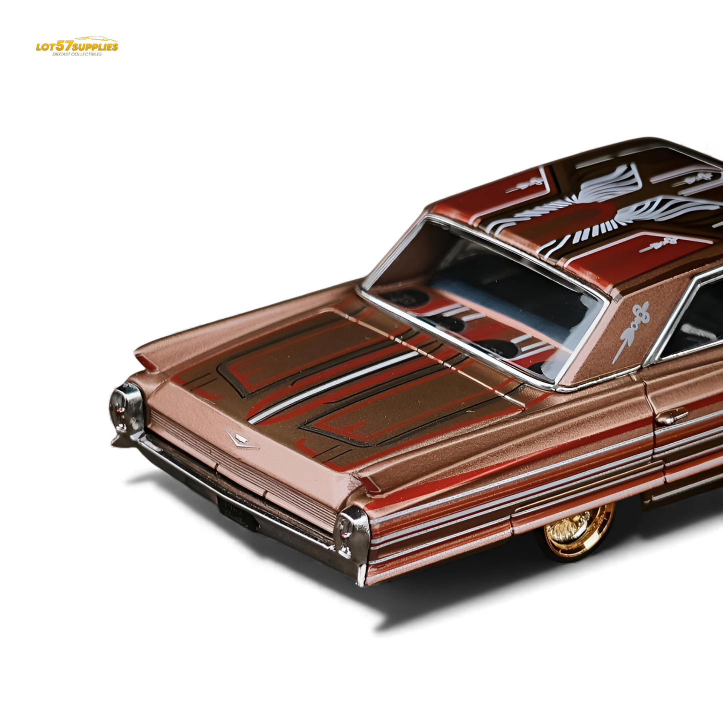 Red metallic Cadillac miniature diecast car in 1:64 scale by MK Miniatures, showcasing detailed design and shiny copper finish.