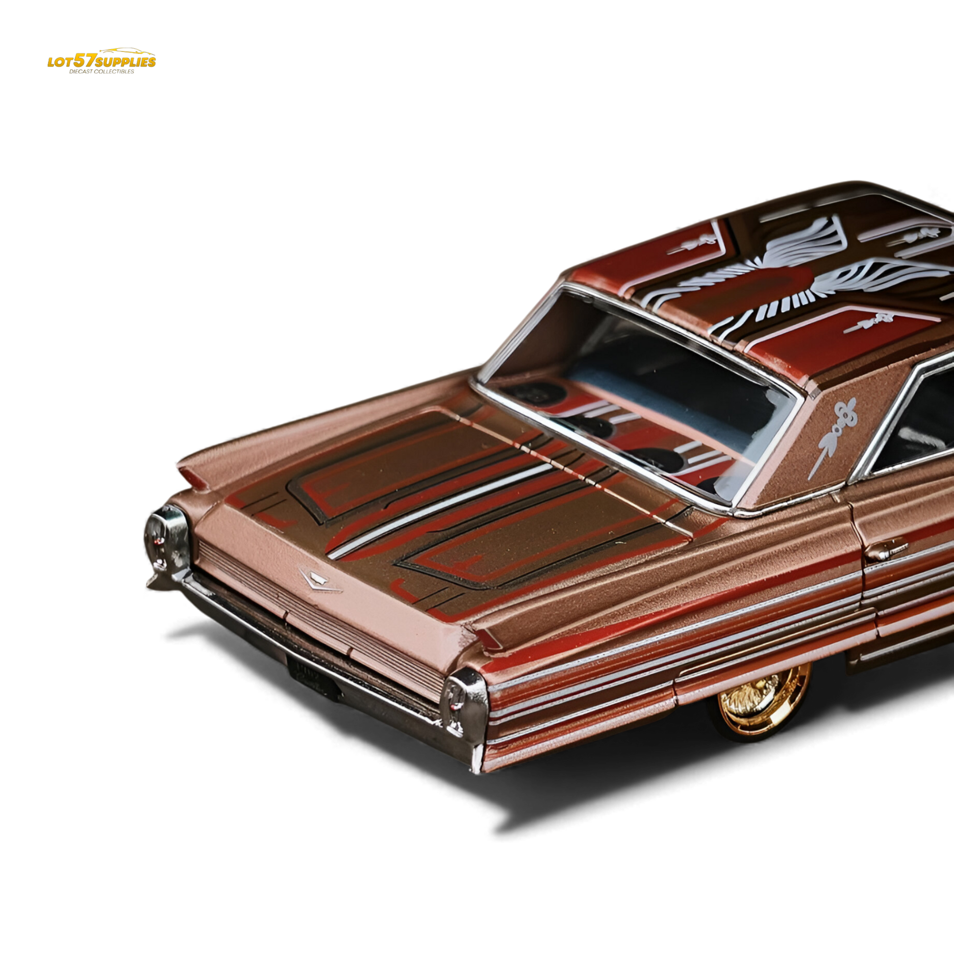Red metallic Cadillac miniature diecast car in 1:64 scale by MK Miniatures, showcasing detailed design and shiny copper finish.