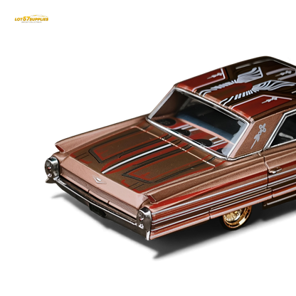 Red metallic Cadillac miniature diecast car in 1:64 scale by MK Miniatures, showcasing detailed design and shiny copper finish.