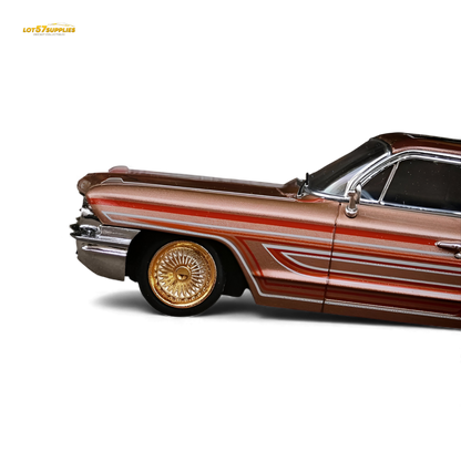 Miniature Cadillac Diwei diecast car in metallic red copper, 1:64 scale, showcasing detailed design and shiny finish.
