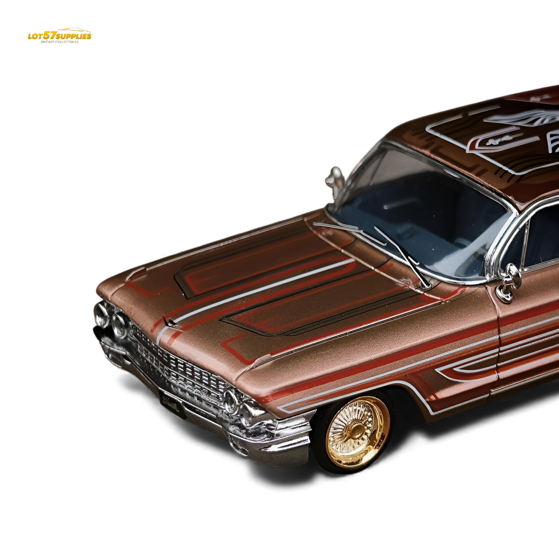 Metallic red copper Cadillac diecast model by MK Miniatures, 1:64 scale, showcasing detailed design and realistic finish.