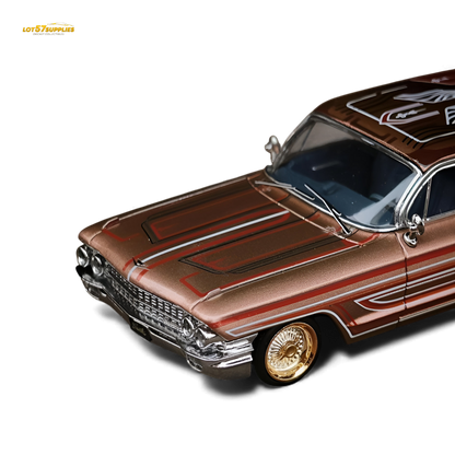 Metallic red copper Cadillac diecast model by MK Miniatures, 1:64 scale, showcasing detailed design and realistic finish.