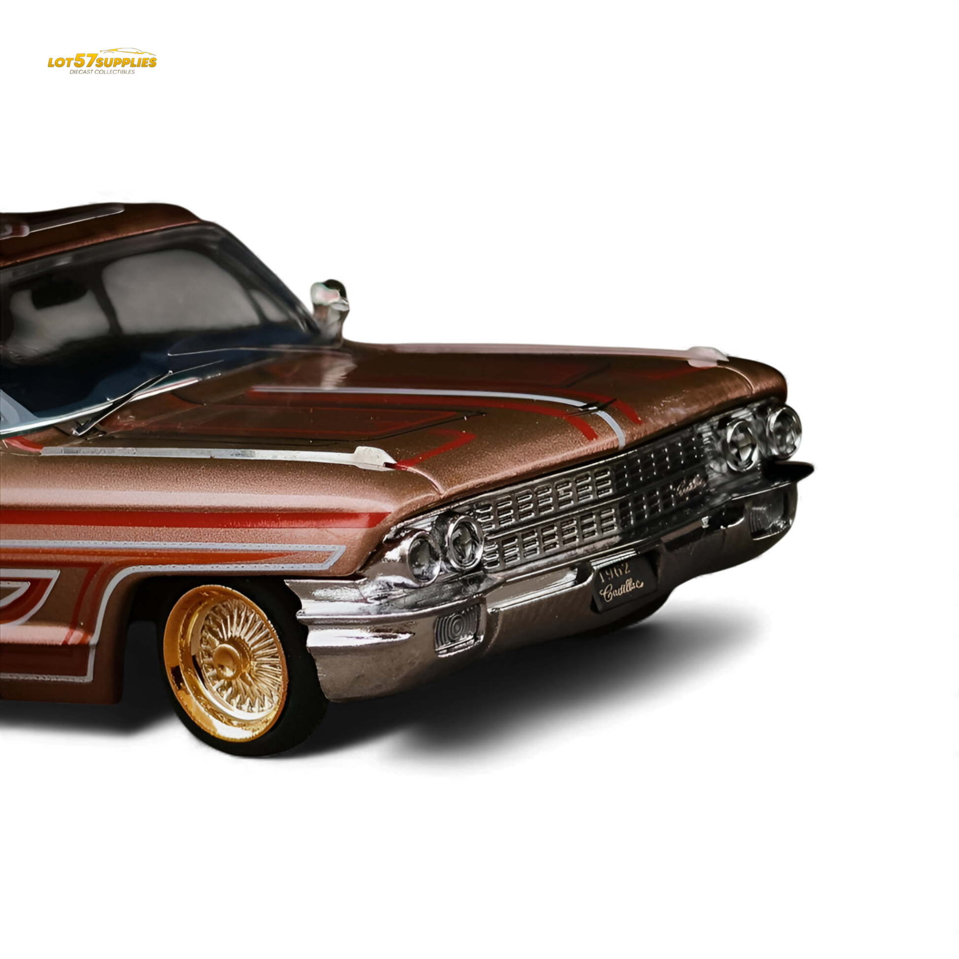 Red metallic Cadillac diecast model in 1:64 scale by MK Miniatures, featuring detailed craftsmanship and a shiny copper finish.