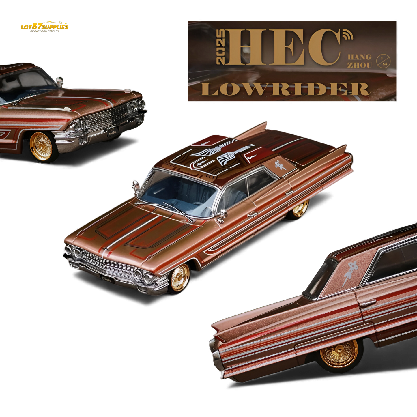 Red metallic Cadillac miniature diecast model in 1:64 scale from MK Miniatures, showcasing detailed design and vibrant finish.