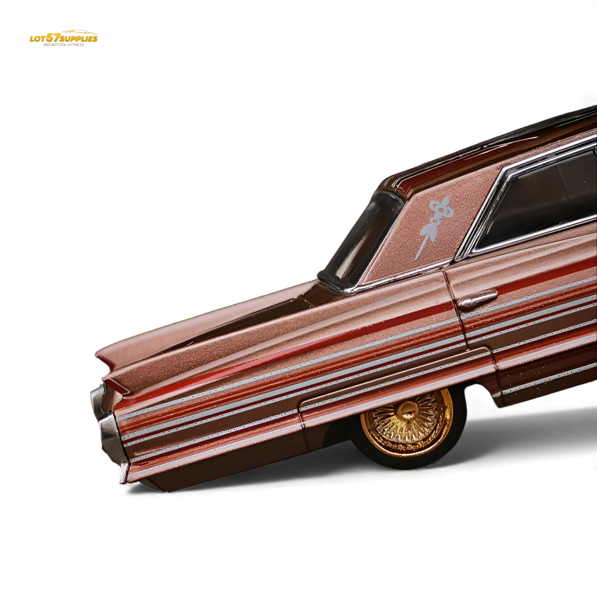Red metallic Cadillac diecast model by MK Miniatures, 1:64 scale, featuring detailed exterior and realistic design.