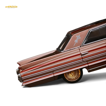 Red metallic Cadillac diecast model by MK Miniatures, 1:64 scale, featuring detailed exterior and realistic design.