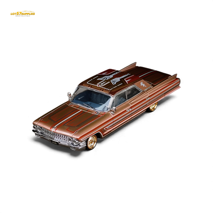 Red metallic Cadillac miniature diecast car in 1:64 scale from MK Miniatures, with detailed design and shiny finish.