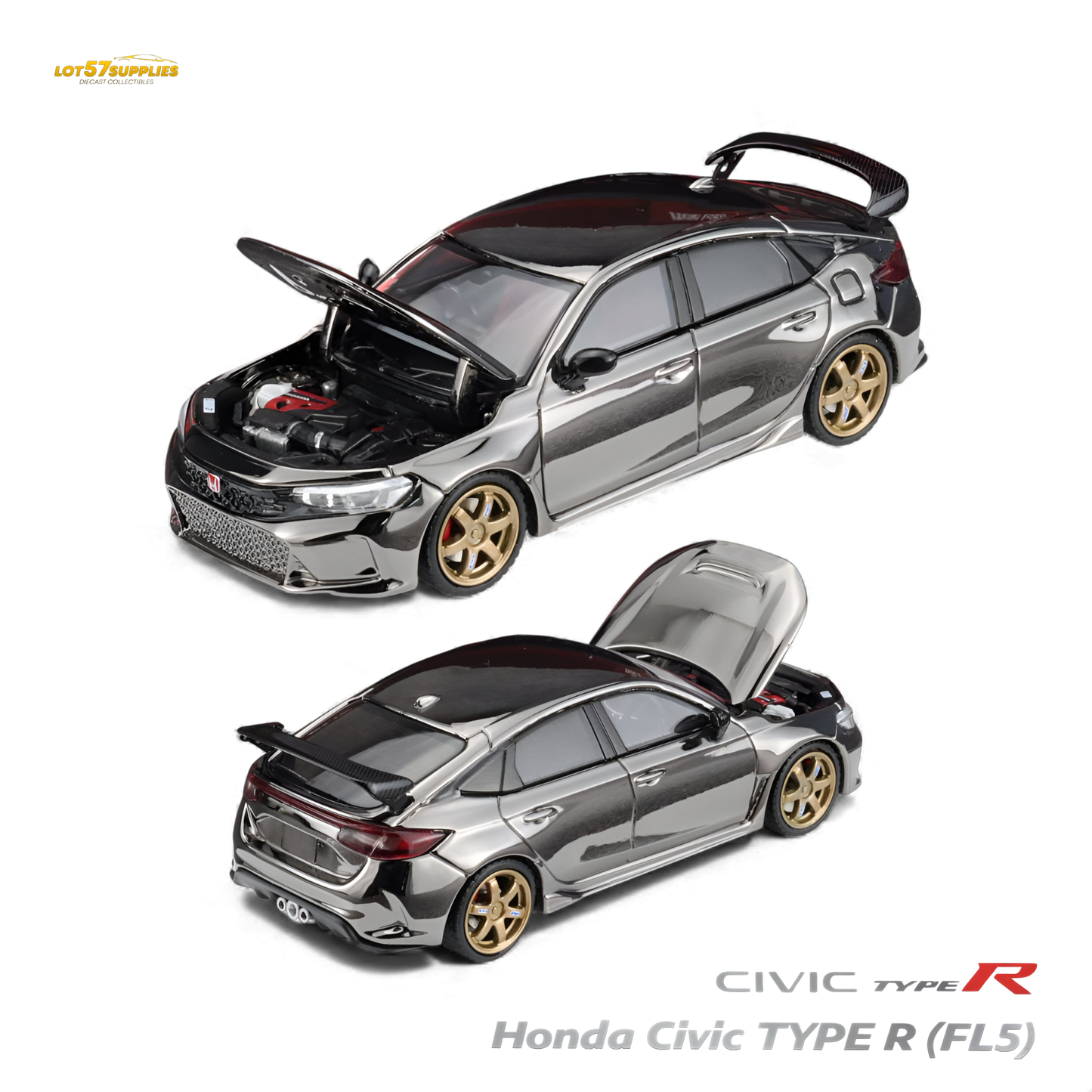 Miniature Honda Civic Type R FL5 diecast model in chrome gun black finish, 1:64 scale, by Lot57Supplies Diecast Shop.