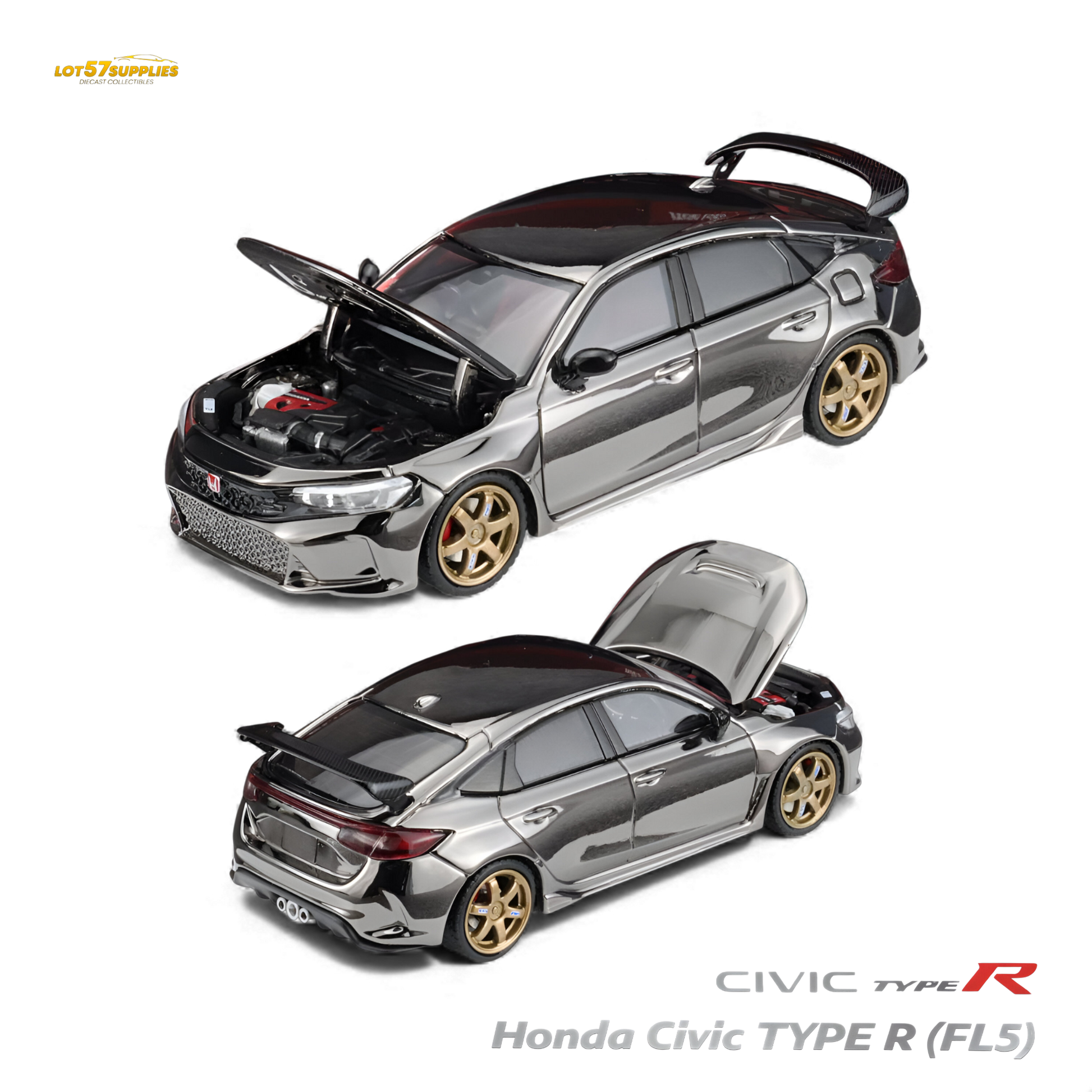 Miniature Honda Civic Type R FL5 diecast model in chrome gun black finish, 1:64 scale, by Lot57Supplies Diecast Shop.