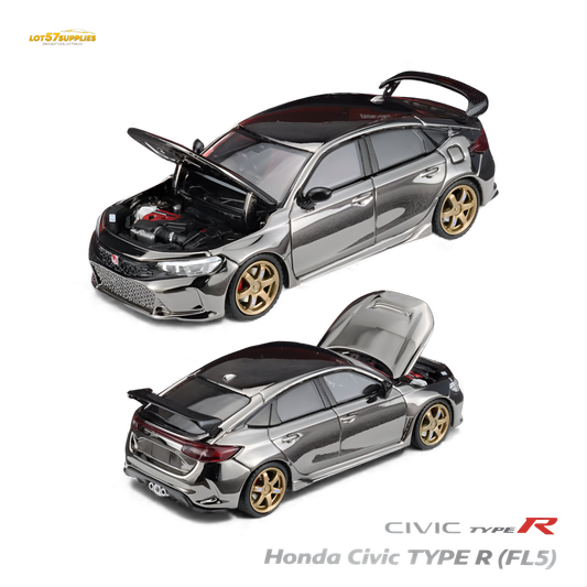 Miniature Honda Civic Type R FL5 diecast model in chrome gun black finish, 1:64 scale, by Lot57Supplies Diecast Shop.
