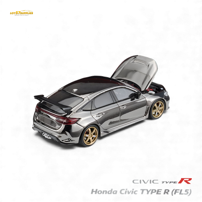 Detailed 1:64 scale diecast Honda Civic Type R FL5 in chrome gun black finish, showcasing realistic design and branding.