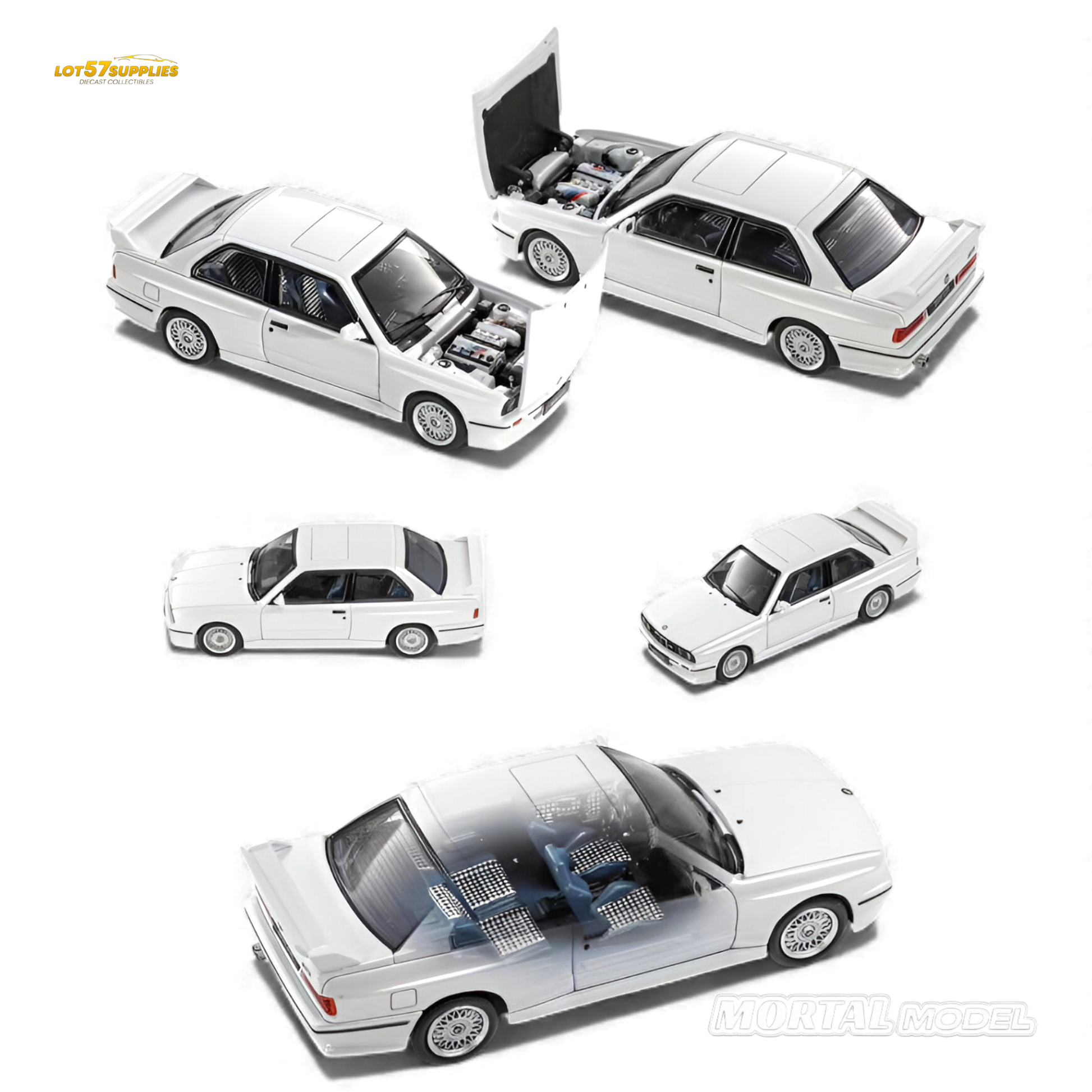 Pearl white BMW E30 M3 sedan diecast model by Lot57Supplies, detailed 1:64 scale collectible car.
