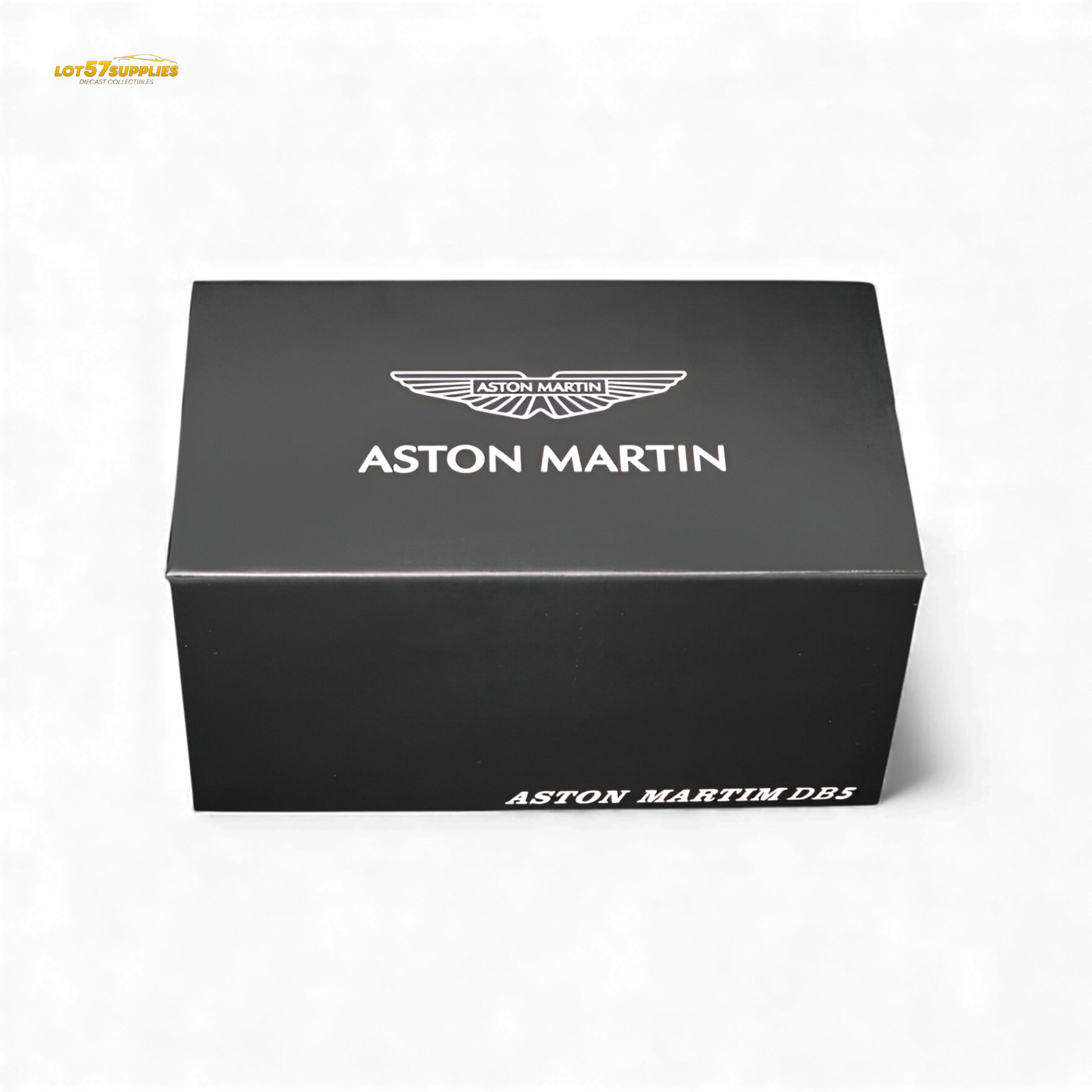Pre-order Aston Martin DB5 diecast model in high gloss silver, 1:64 scale, detailed collectible from Lot57Supplies Diecast Shop.