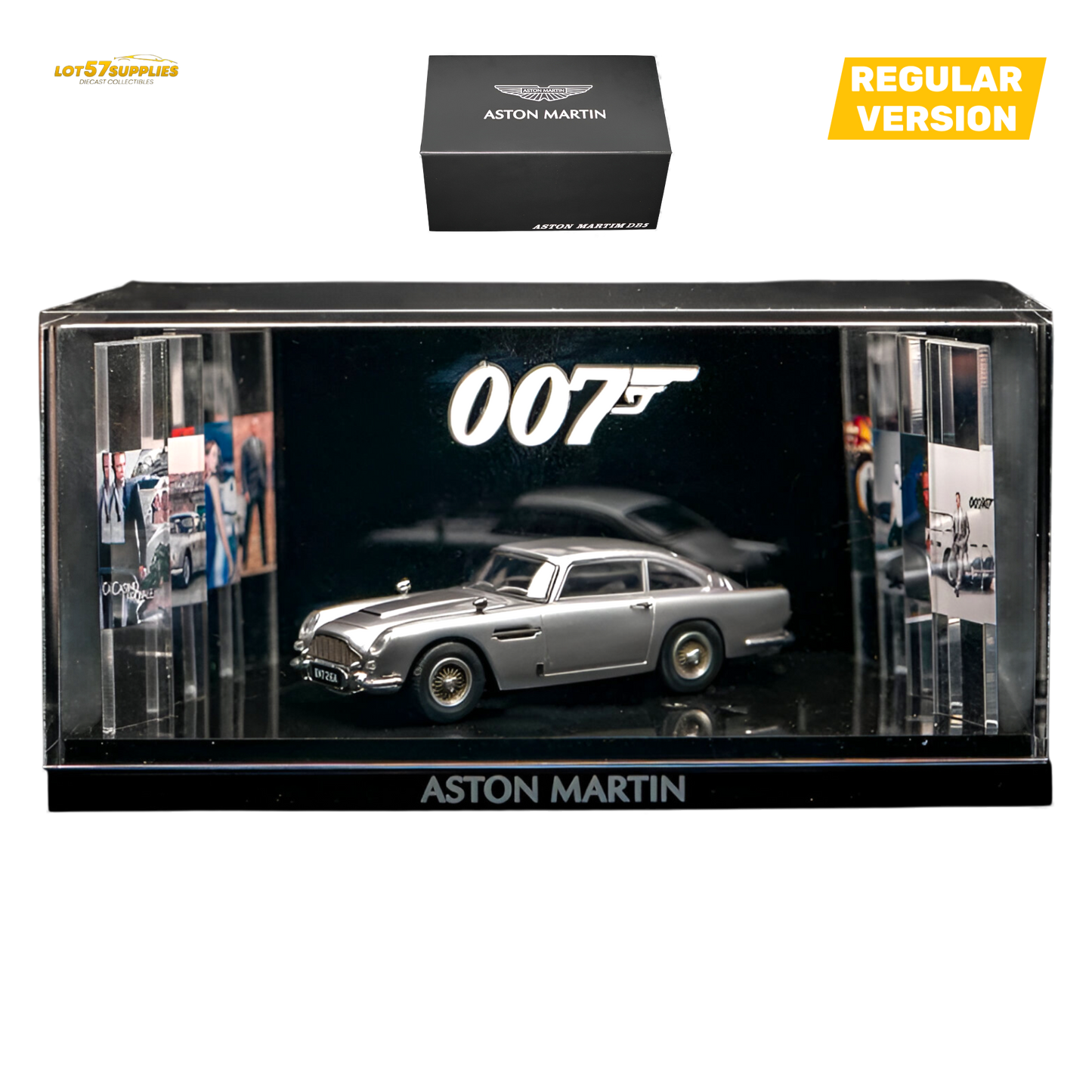 Pre-order Aston Martin DB5 diecast model in high gloss silver, 1:64 scale by Lot57Supplies Diecast Shop, detailed collectible car.
