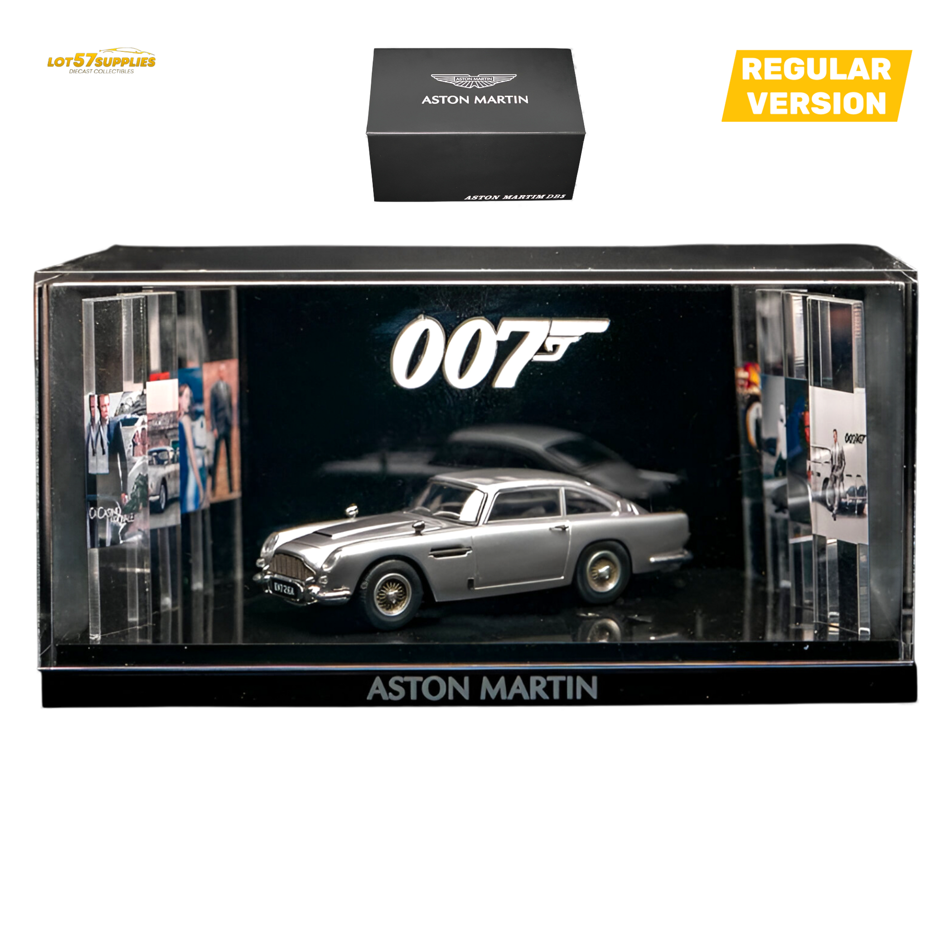 Pre-order Aston Martin DB5 diecast model in high gloss silver, 1:64 scale by Lot57Supplies Diecast Shop, detailed collectible car.