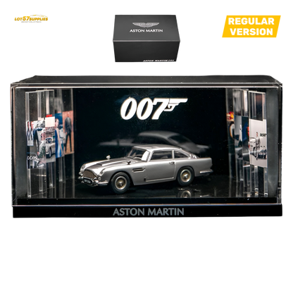 Pre-order Aston Martin DB5 diecast model in high gloss silver, 1:64 scale by Lot57Supplies Diecast Shop, detailed collectible car.
