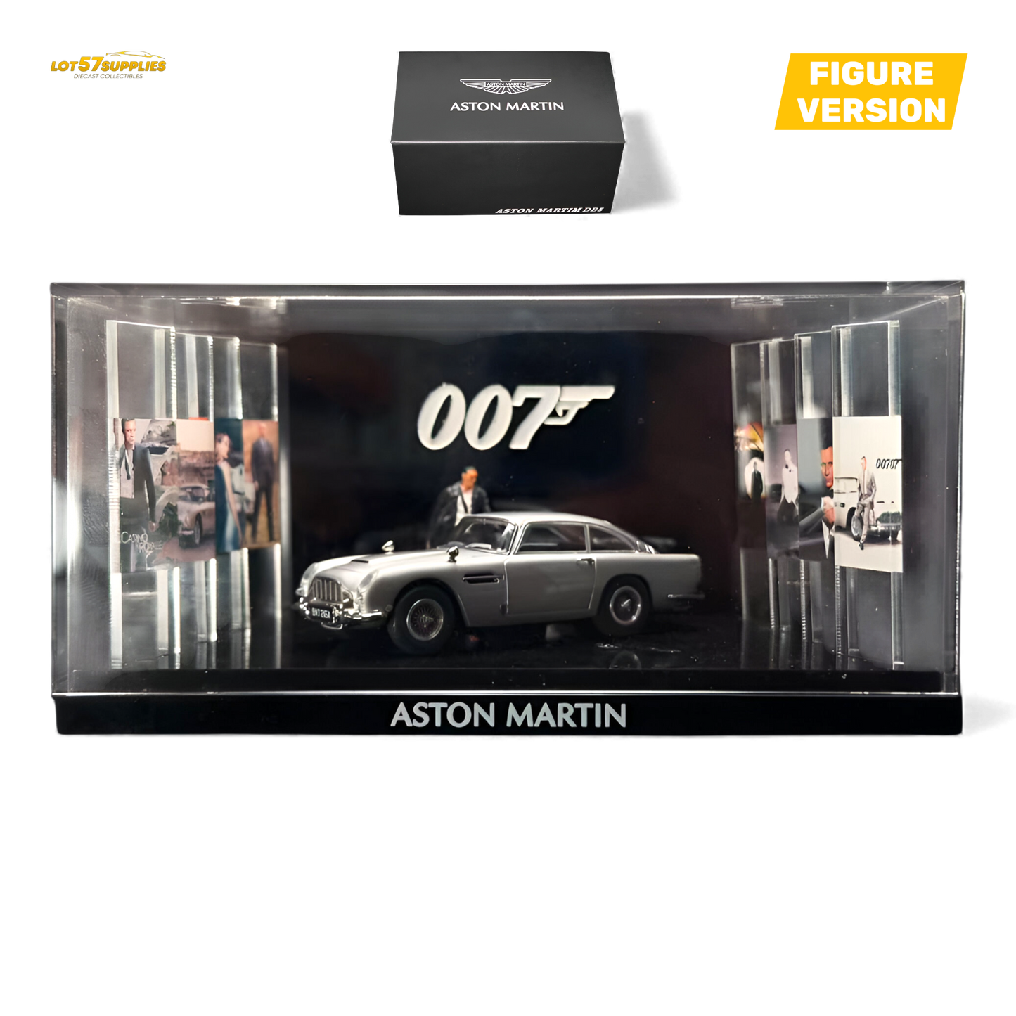 High gloss silver 1:64 scale Aston Martin DB5 diecast figurine by Lot57Supplies Diecast Shop, detailed model with sleek design.