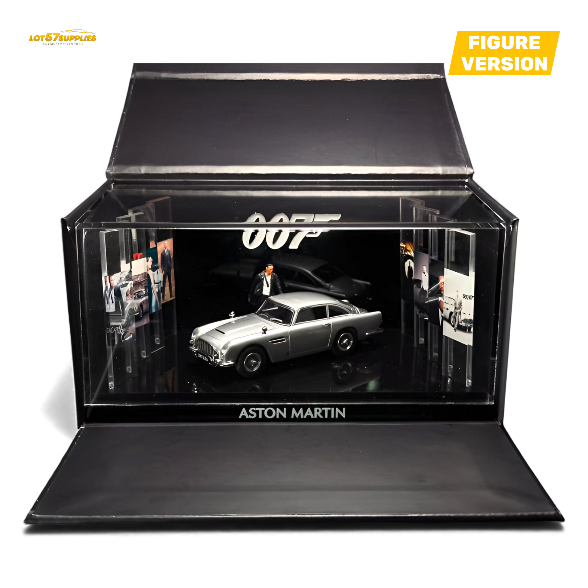 Pre-order Aston Martin DB5 diecast figurine in high gloss silver, 1:64 scale by Lot57Supplies Diecast Shop, detailed model car.