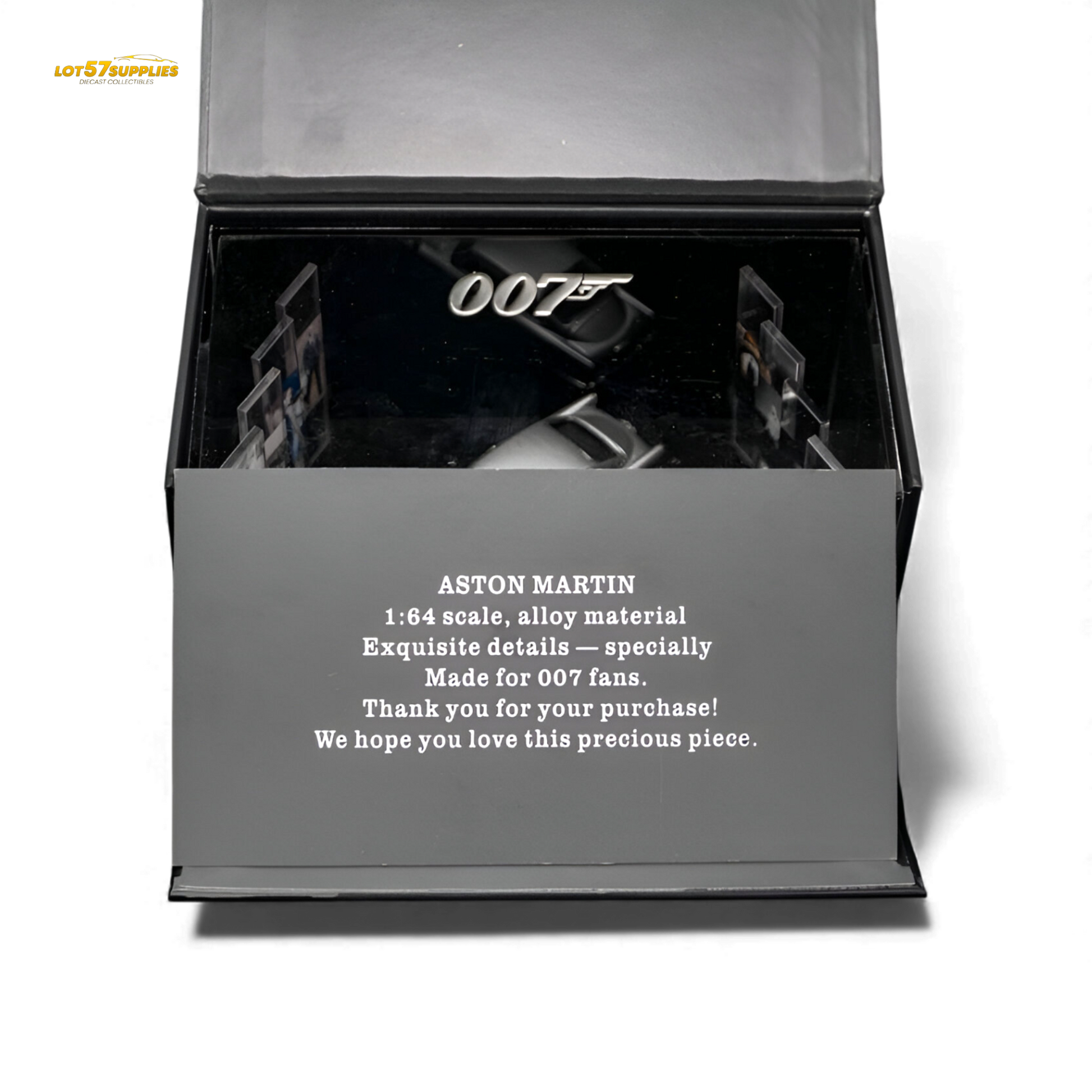 Pre-order Aston Martin DB5 diecast model in high gloss silver, 1:64 scale from Lot57Supplies Diecast Shop.