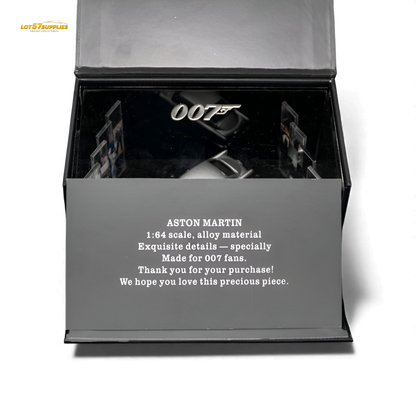 High gloss silver Aston Martin DB5 1:64 scale diecast figurine showing detailed exterior and sleek design.