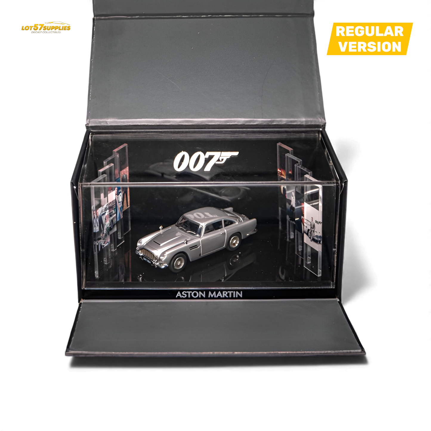 Pre-order Aston Martin DB5 diecast car in high gloss silver, 1:64 scale by Lot57Supplies Diecast Shop.