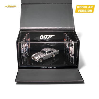 Pre-order Aston Martin DB5 diecast car in high gloss silver, 1:64 scale by Lot57Supplies Diecast Shop.