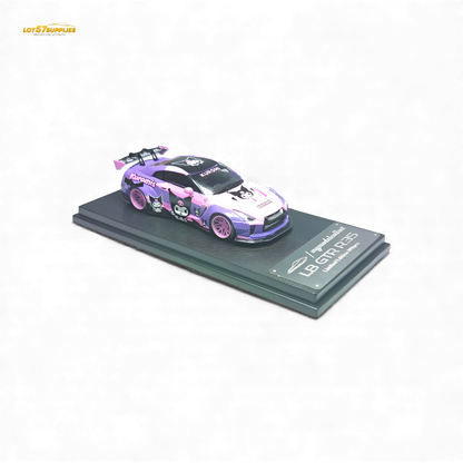 Pink and purple Nissan GTR 1:64 diecast model in the MC LB GTR 1.5 Version series, featuring Kuromi branding.