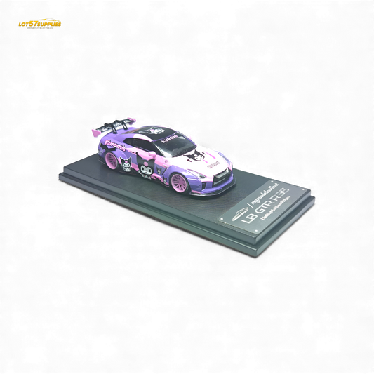 Pink and purple Nissan GTR 1:64 diecast model in the MC LB GTR 1.5 Version series, featuring Kuromi branding.