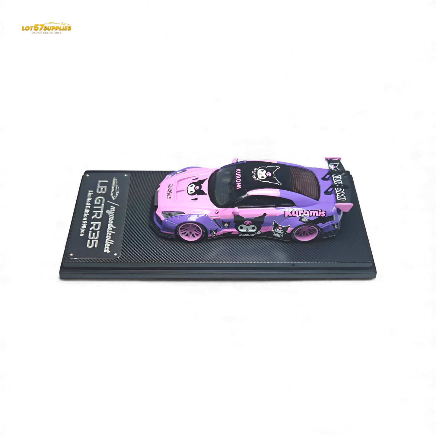 Pink and purple Nissan GTR 1:64 diecast model from Lot57Supplies, featuring Kuromi design in a pre-order collectible.