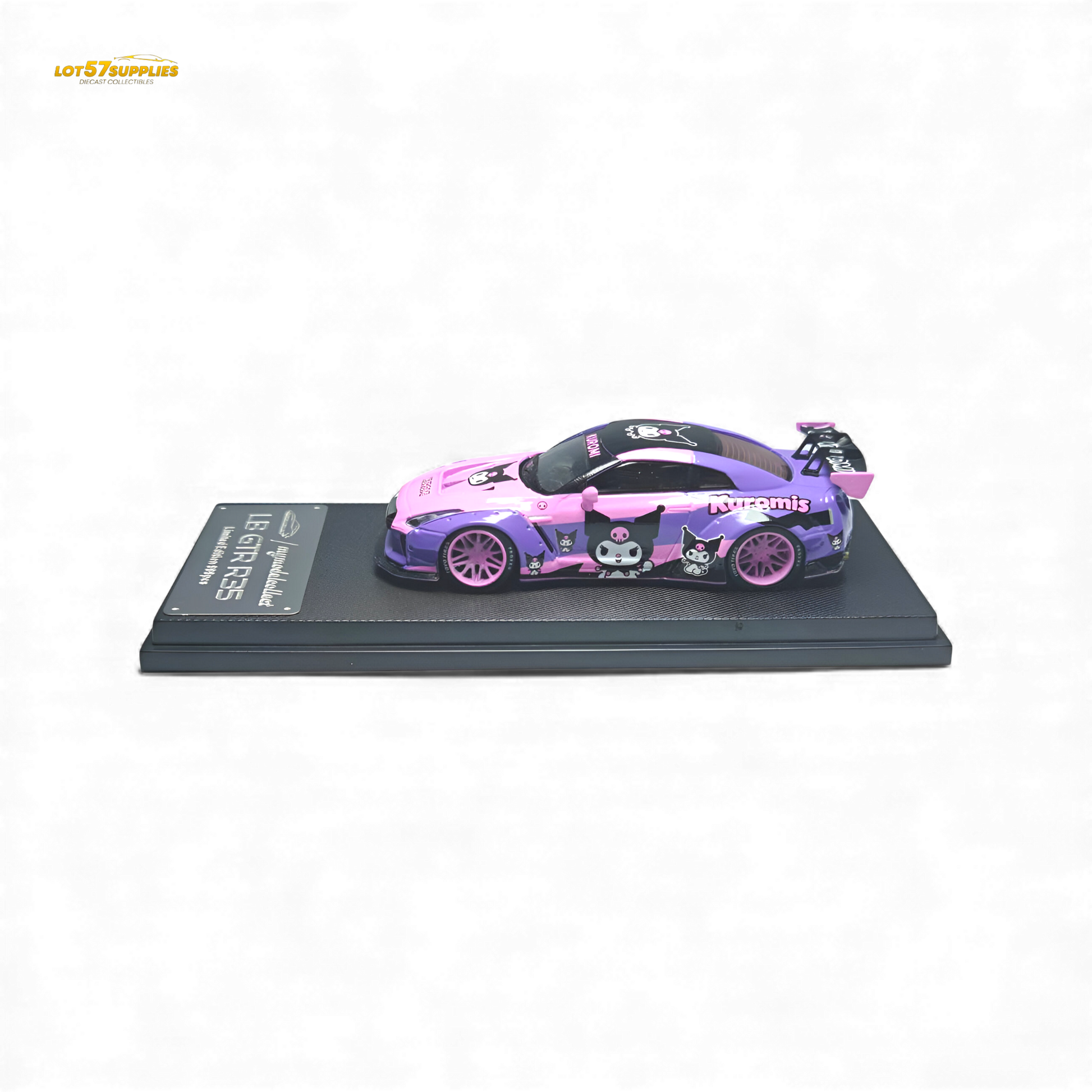 Pink and purple Nissan MC LB GTR 1.5 diecast model in 1:64 scale, featuring KUROMI design, by Lot57Supplies Diecast Shop.