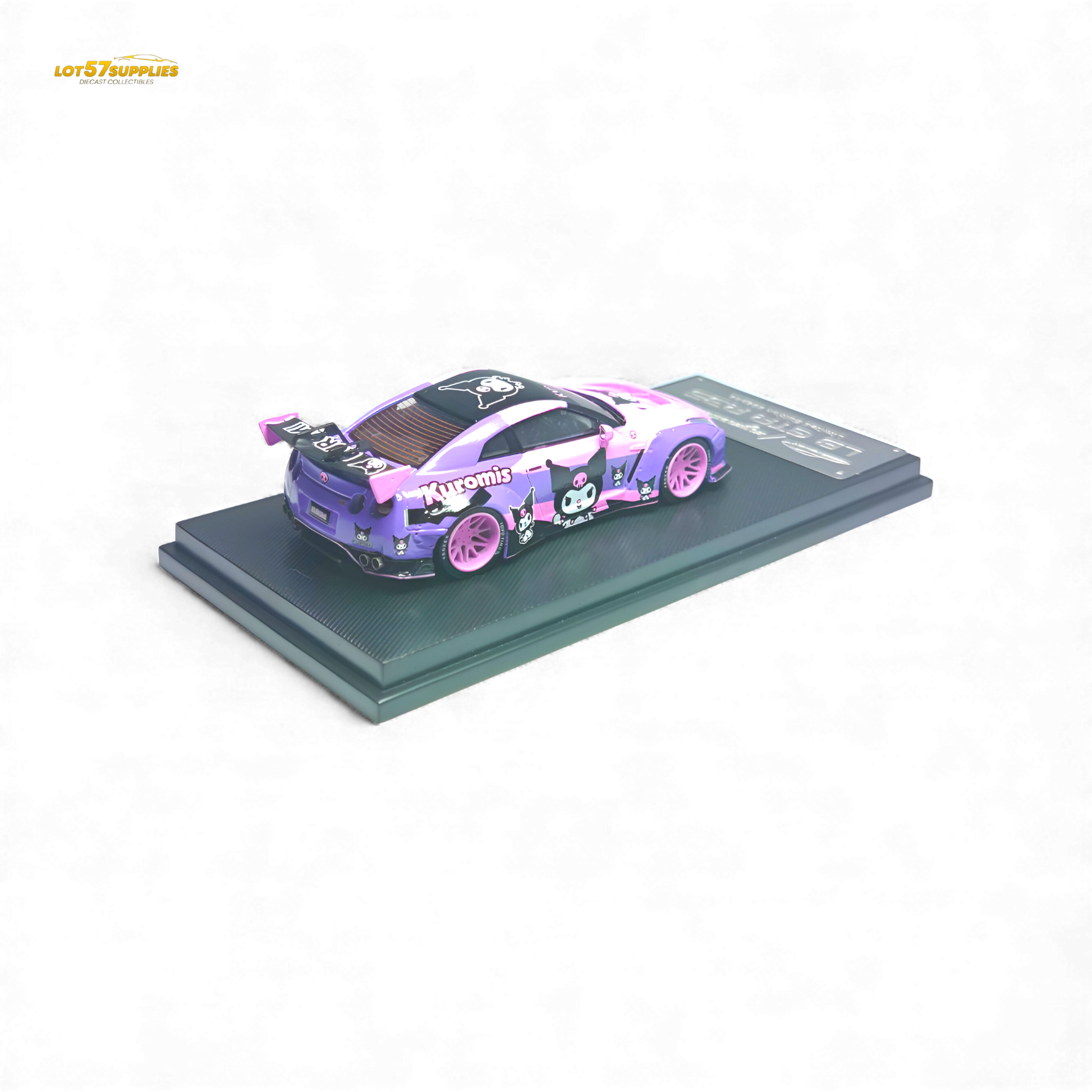 Pink and purple Nissan GTR 1:64 diecast model from Lot57Supplies, featuring Kuromi design, in a detailed pre-order display image.