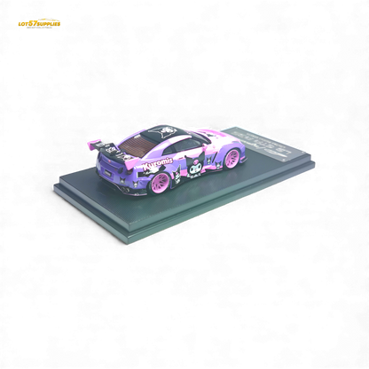 Pink and purple Nissan GTR 1:64 diecast model from Lot57Supplies, featuring Kuromi design, in a detailed pre-order display image.
