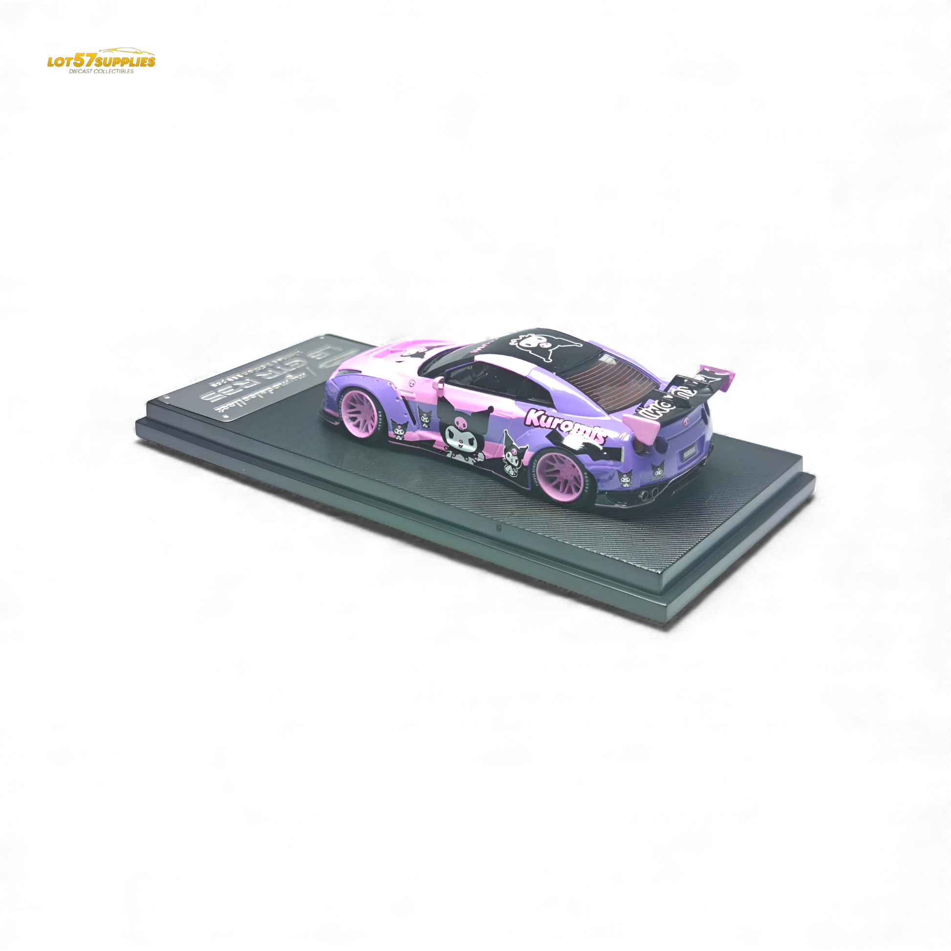 Pink purple Nissan GTR 1:64 diecast model, MC LB GTR 1.5 Version, detailed miniature car with vibrant colors.