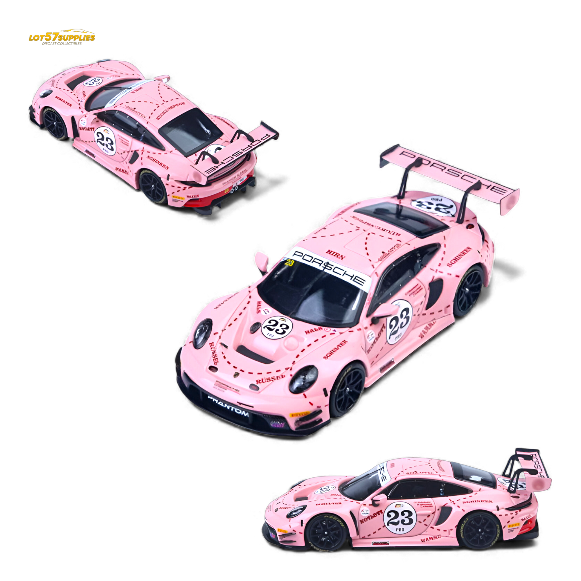 Pink Pig livery Porsche 911 GT3 R diecast model in 1:64 scale, detailed miniature racing car from Lot57Supplies Diecast Shop.