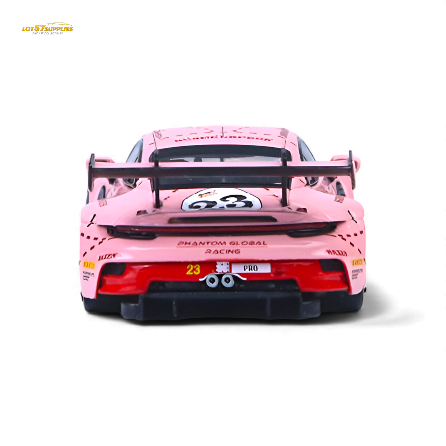 Pink Pig livery Porsche 911 GT3 R 1:64 diecast model, detailed replica with vibrant pink accents and racing decals.