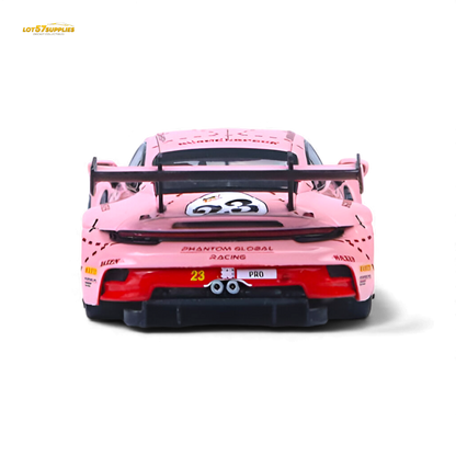 Pink Pig livery Porsche 911 GT3 R 1:64 diecast model, detailed replica with vibrant pink accents and racing decals.