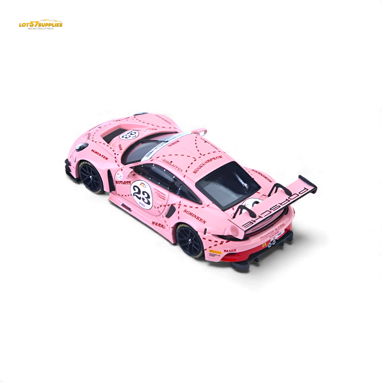 Pink Porsche 911 GT3 R diecast model in 1:64 scale with Pink Pig livery, featuring detailed design and branding.