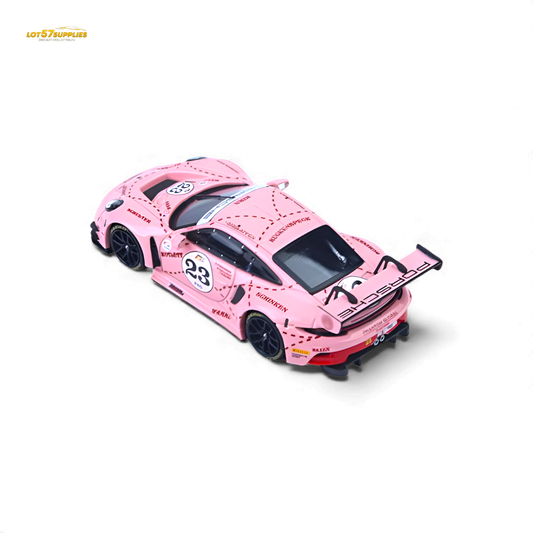Pink Porsche 911 GT3 R diecast model in 1:64 scale with Pink Pig livery, featuring detailed design and branding.