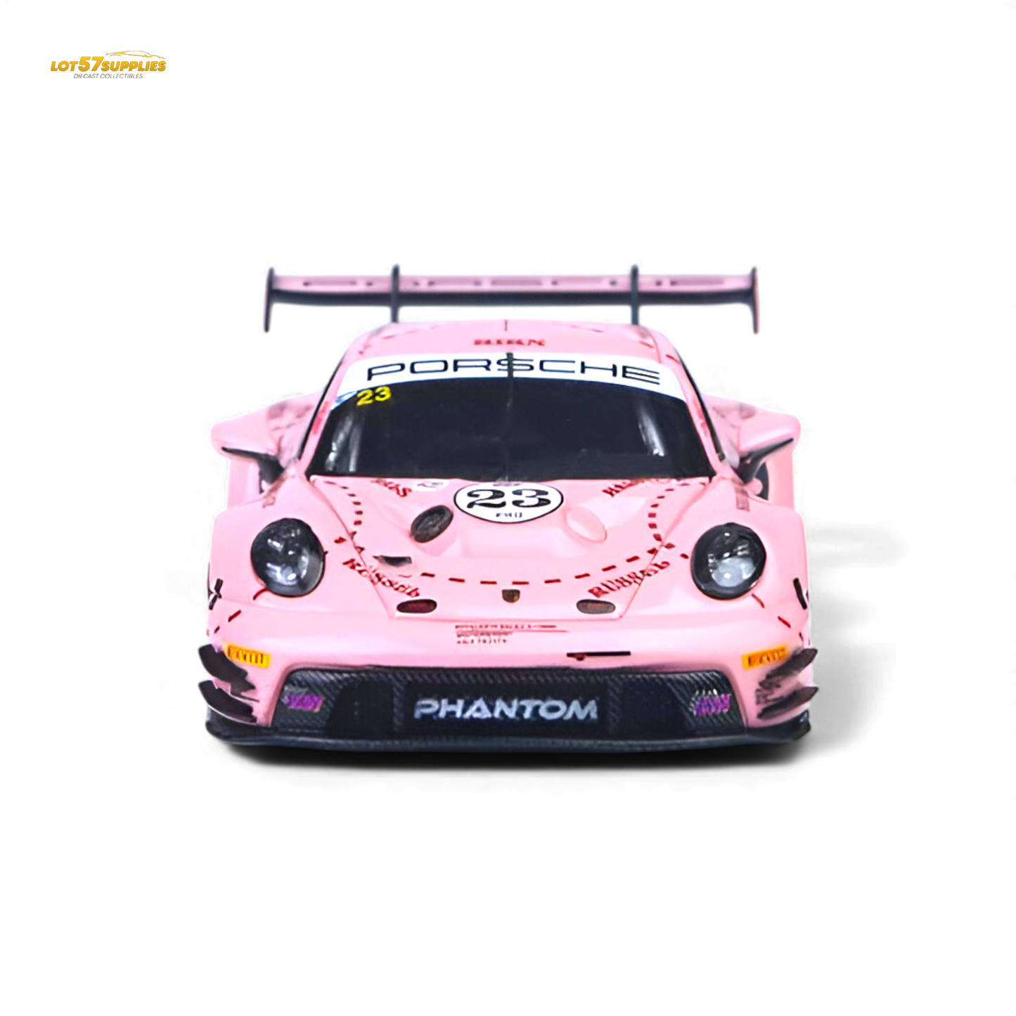 Pink Pig livery Porsche 911 GT3 R diecast model in 1:64 scale, featuring detailed racing design and vibrant pink accents.