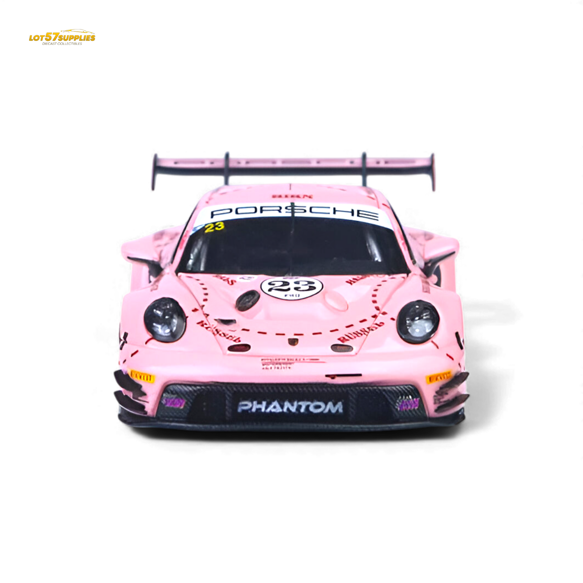 Pink Pig livery Porsche 911 GT3 R diecast model in 1:64 scale, featuring detailed racing design and vibrant pink accents.