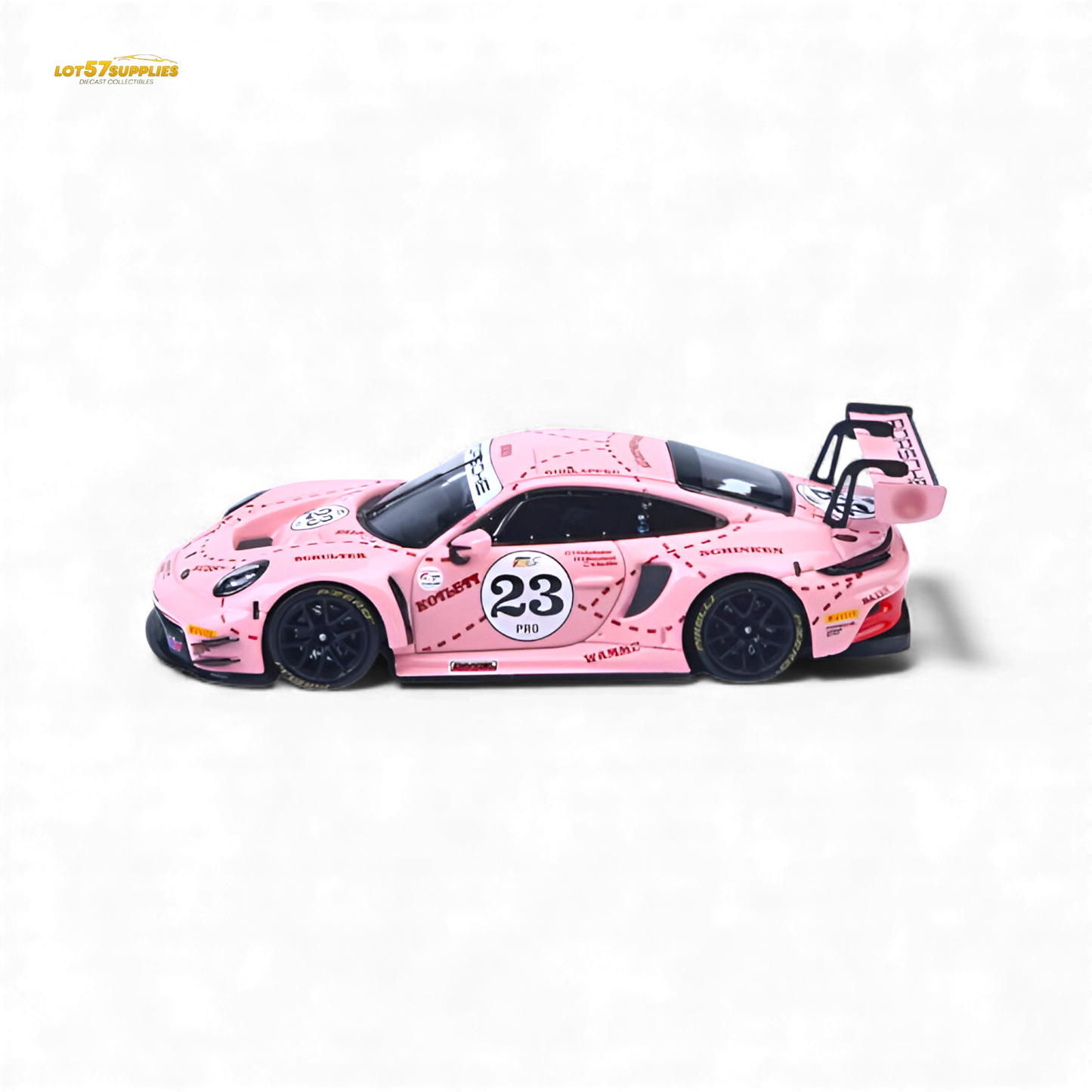 Pink Porsche 911 GT3 R diecast model with Pink Pig livery, 1:64 scale, detailed miniature racing car from Lot57Supplies.