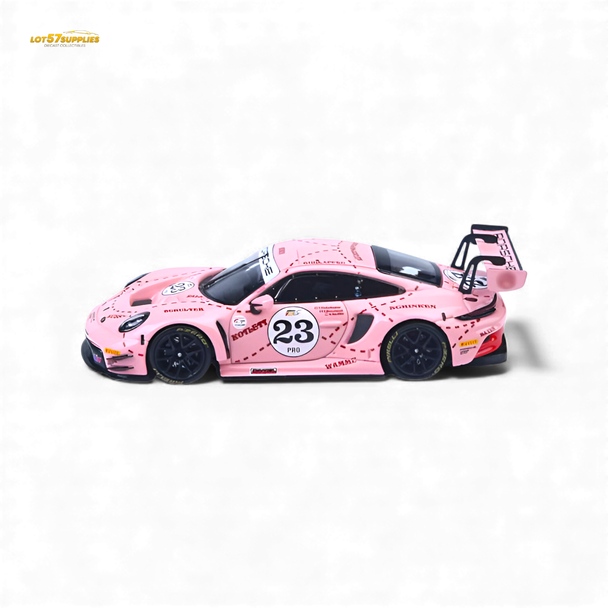 Pink Porsche 911 GT3 R diecast model with Pink Pig livery, 1:64 scale, detailed miniature racing car from Lot57Supplies.
