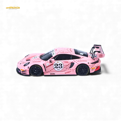 Pink Porsche 911 GT3 R diecast model with Pink Pig livery, 1:64 scale, detailed miniature racing car from Lot57Supplies.