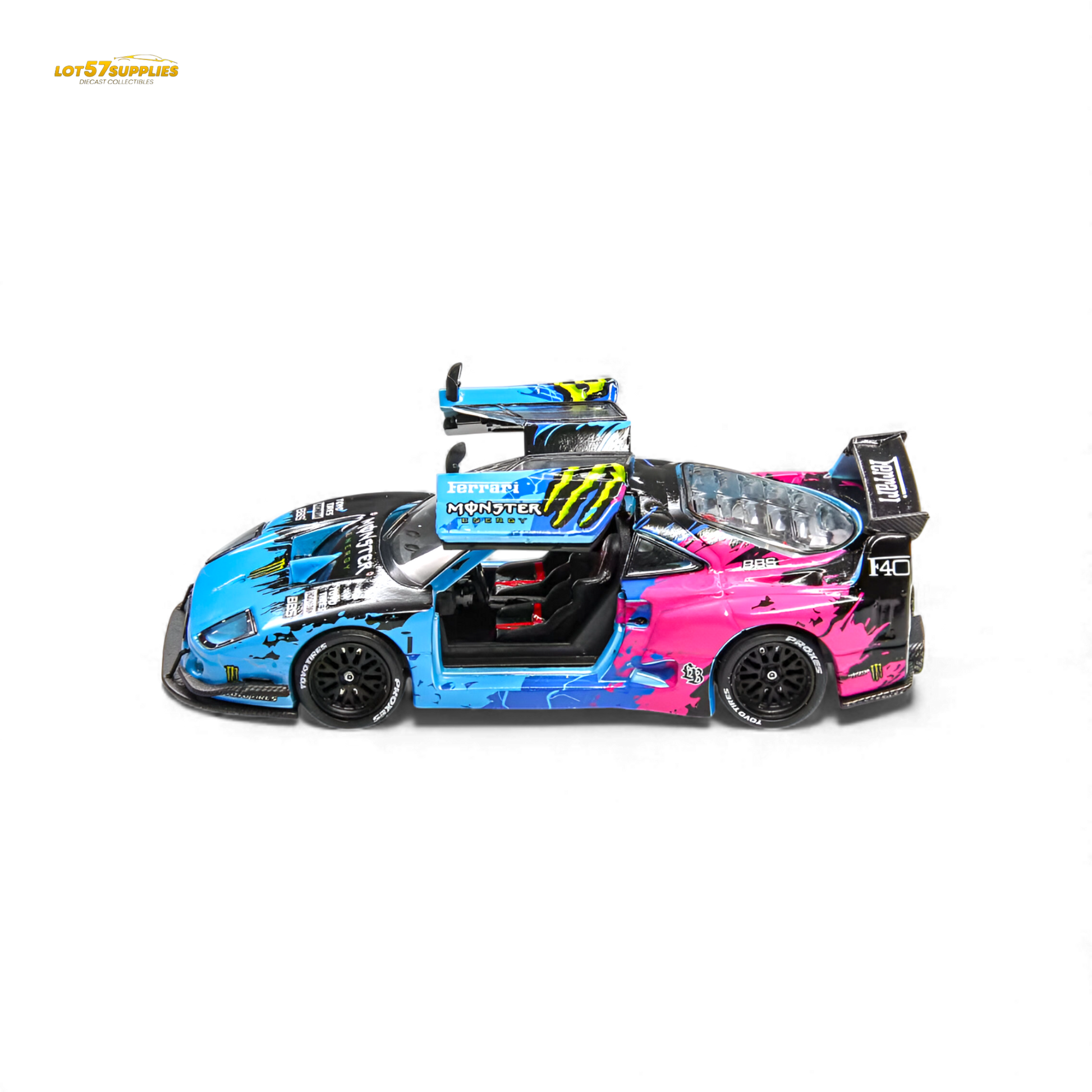 Miniature Ferrari diecast model of the Demon King Auto F40 LB-Works Monster Livery, detailed 1:64 scale replica from Lot57Supplies.