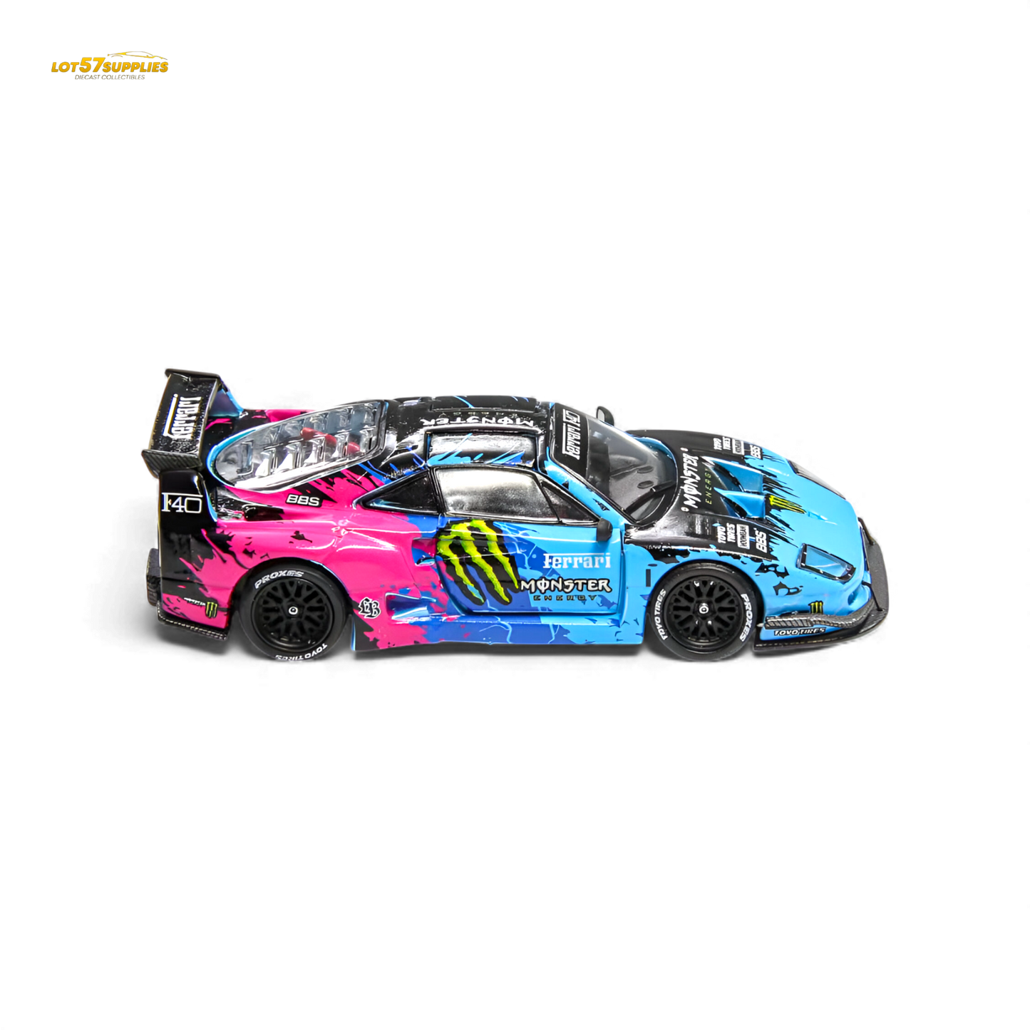 Diecast Ferrari F40 LB-Works Monster Livery model in 1:64 scale, featuring detailed demon king design and vibrant colors.