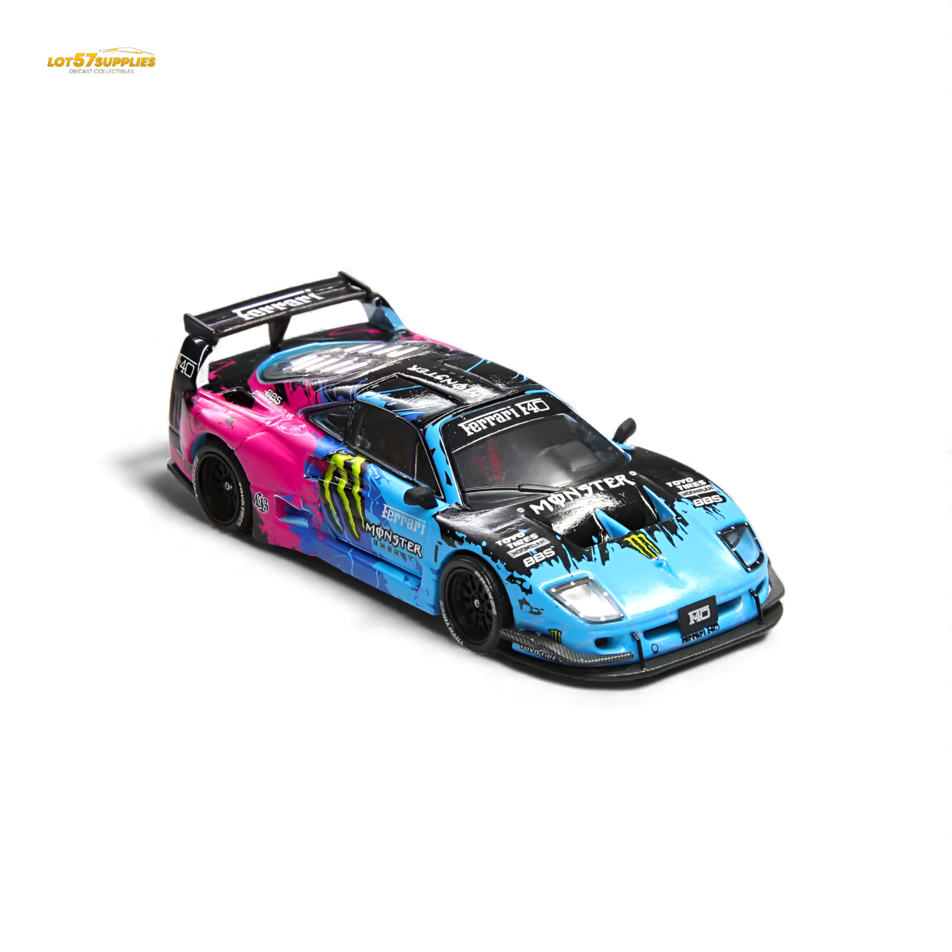 Detailed image of a 1:64 scale Ferrari Demon King Auto F40 LB-Works Monster Livery diecast model by Lot57Supplies.